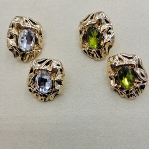 Hammered Goldtone Earrings • Beautiful Center Gem • Brand New • White or Green